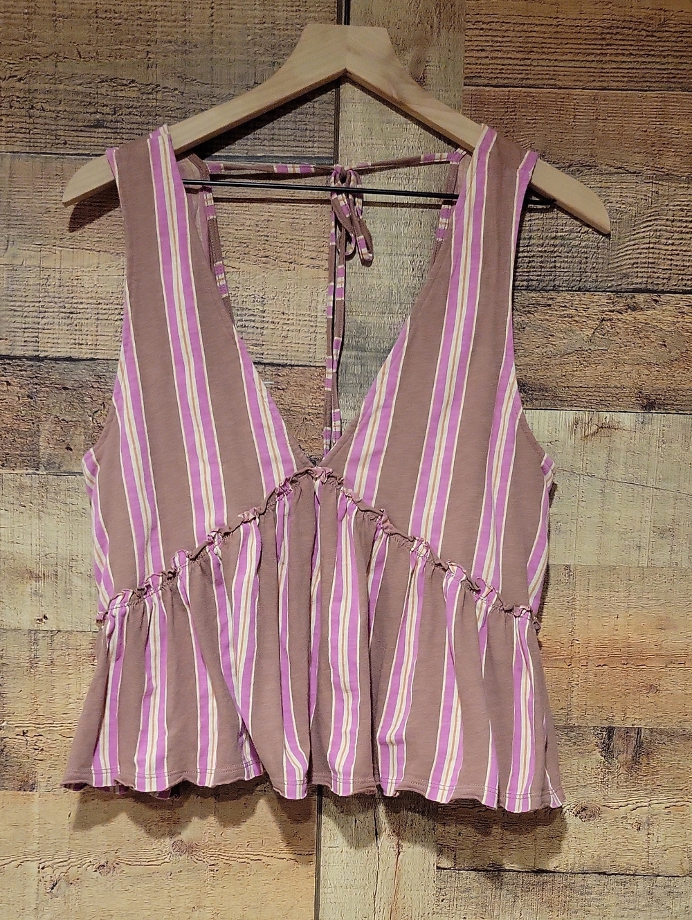 American Eagle Outfitters Mauve and Pink Striped Tie-Back Ruffle Tank